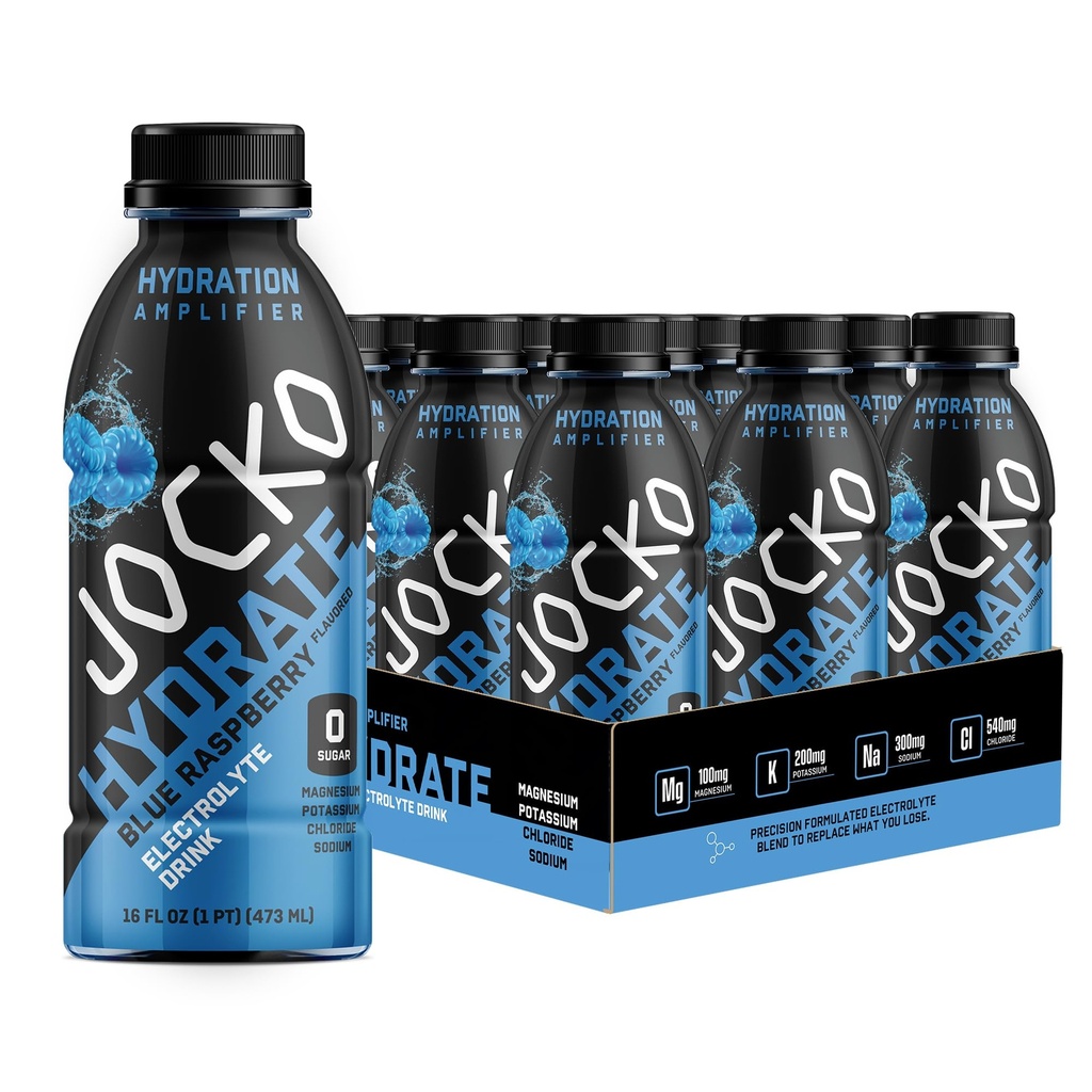 Jocko Fuel Hydrate Elektrolitski pijača - Športni Drink Hidracija Ojačevalec, Thirst Quencher - Znanstveno oblikovana Elektrolitska mešanica Modra malina 16 Oz (12 Pack)