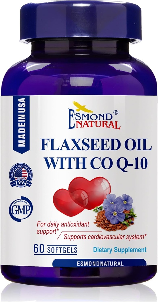 Laneno olje s CO Q-10 (Daily antioksidant in Cardiovascular System Support), GMP, Natural Product Assn Certified, Made in USA - 400mg, 60 Softgels
