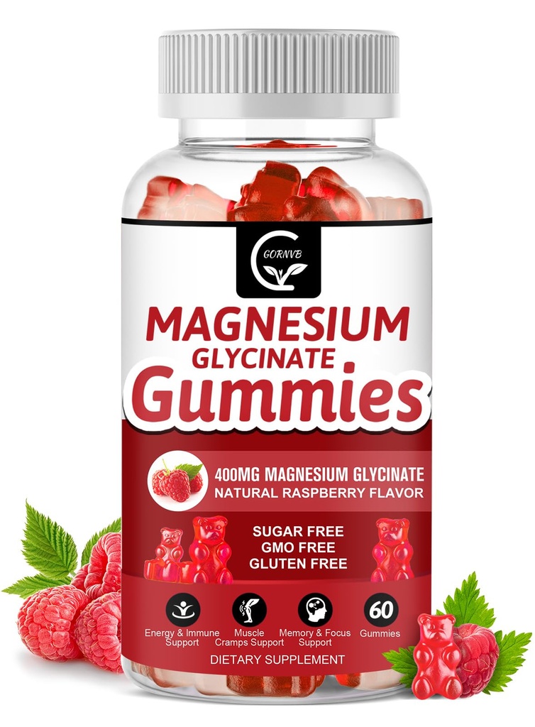 Magnezij Glycinate Gumies 400mg, Mg Kalijev dodatek s keliranim magnezijevega malata kompleksa, vitamina D, B6 in CoQ10, Podpora za spomin, miren, Mood & Sleep - 60 Count (Pack of 1)