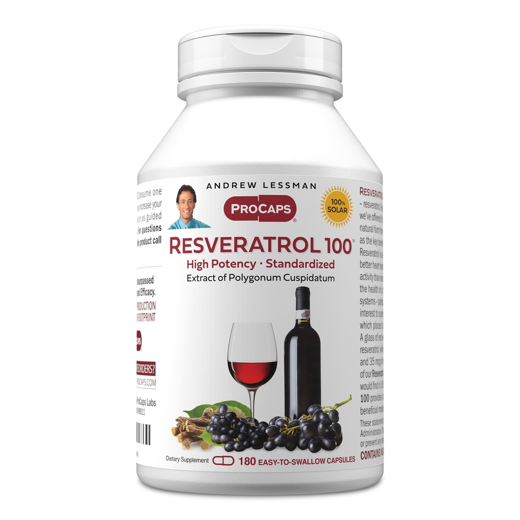 ANDREW LESSMAN Resveratrol-100mg - 180 Kapsule - Dobrodelno rdeče vino, naravno pojavlja antioksidant, brez alkohola. Dodatek brez dodatka