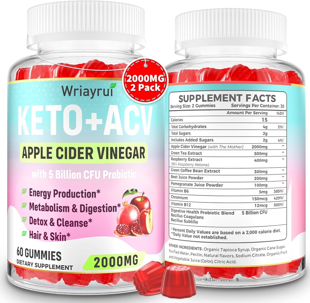 Keto ACV Gumies s probiotiki in vitaminom B12, 2000mg Apple Cider kis z mamo, za presnovo, prebadanje, razstrupljanje in čiščenje, sladkor brez, Vegan-prijatelj, 120 Gumies