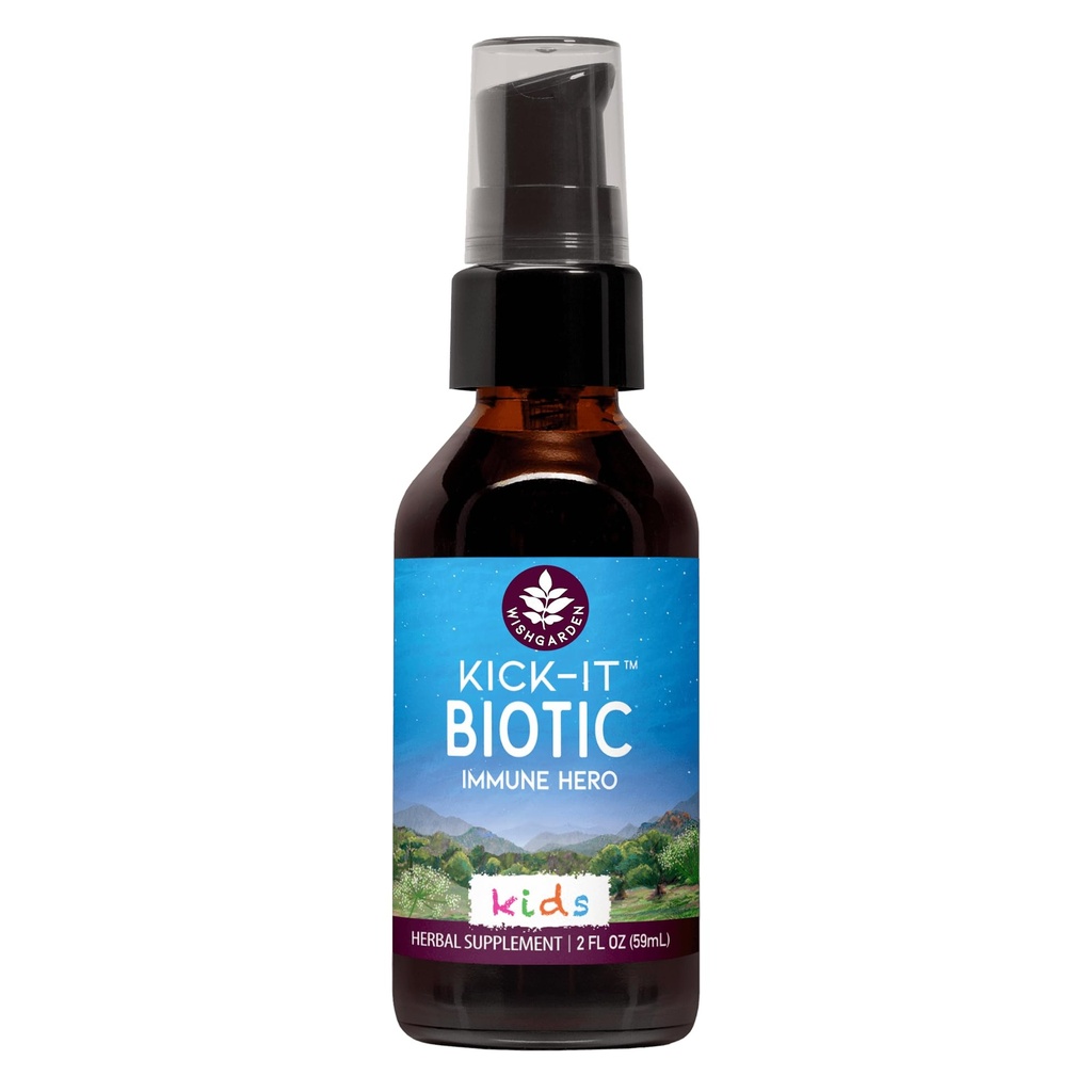 WishGarden Herbs Kick-It Biotic Immune Hero za otroke - Rastlinsko-bazen Herbal Biotic Formula z Usnea Lichen & Echinacea, Podpira zdravo delovanje imunskega in dihalnega sistema, Immune Booster, 2oz