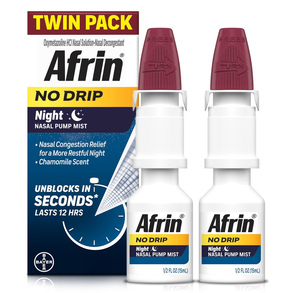 AFRIN No Drip Night Nasal Mist Twin Pack, neuporabna, hitro delujoča dekongestiv za miren spanec s kamiličnim vonjem, odrasli in otroci 6 in starejši, .5 fl oz (Pack po 2)