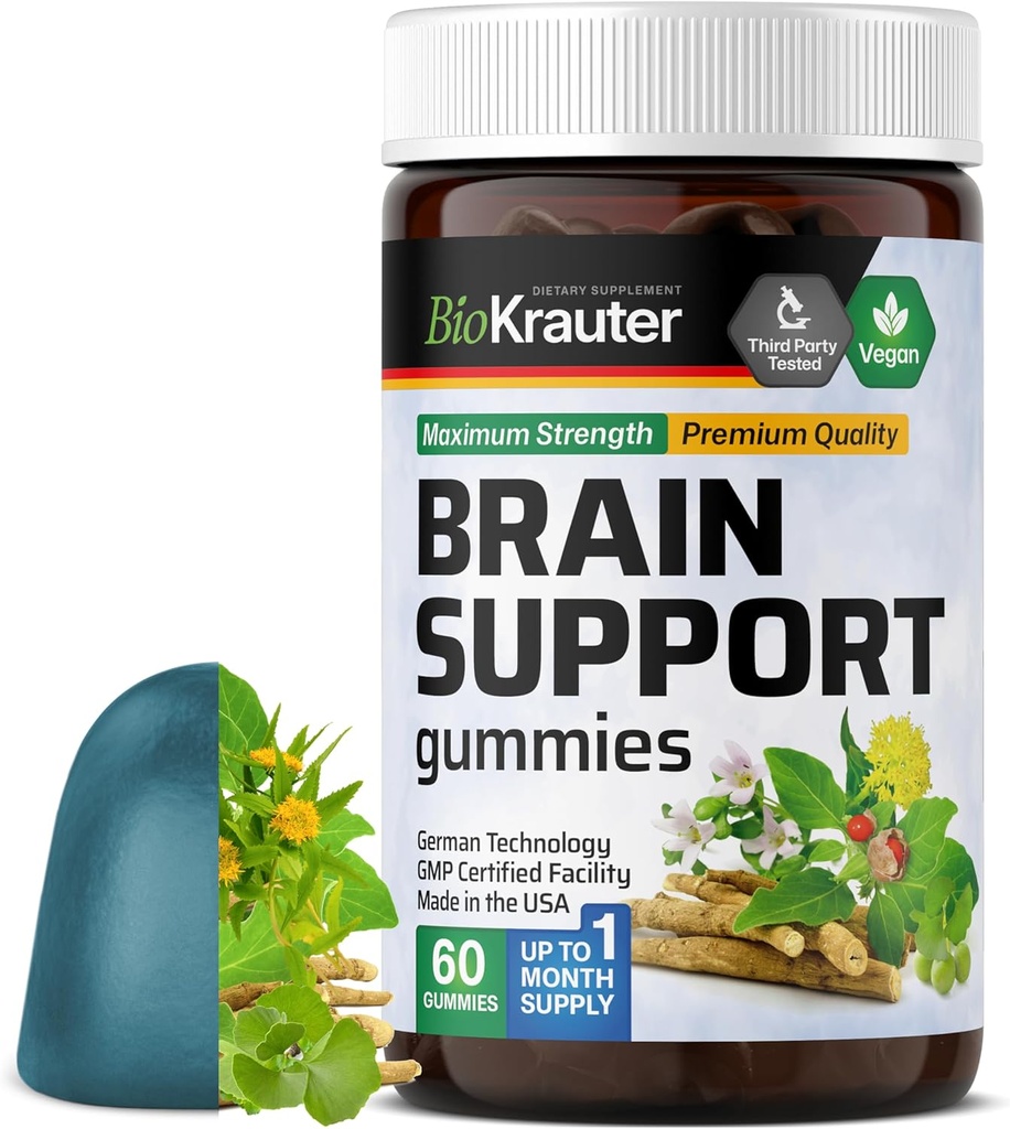 BIO KRAUTER Brain Support Gumies - 60 Veganski žveči - Naravni možganski dodatek - Ashwagandha, Ginkgo Biloba, Bacopa, DMAE, in vitamini za kognitivno podporo