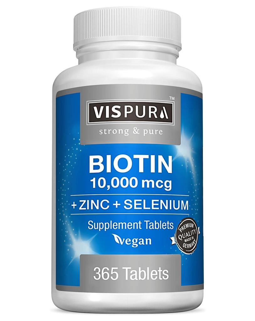 Biotin 10000 μg + cink + selen, Pure, Vegan & ekstra močan, Najboljši dodatek za rast las, Glowing kože, močni nohti*, 365 Tablete za 12 mesecev, naravni brez dodatkov