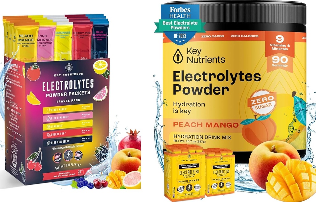 KLJUČNI HRANILCI Ultimate Hidracija in multivitaminski duo: 20-Pack sorte 5 arome + 90-Serving Tropical Peach Mango Elektrolitis Powder