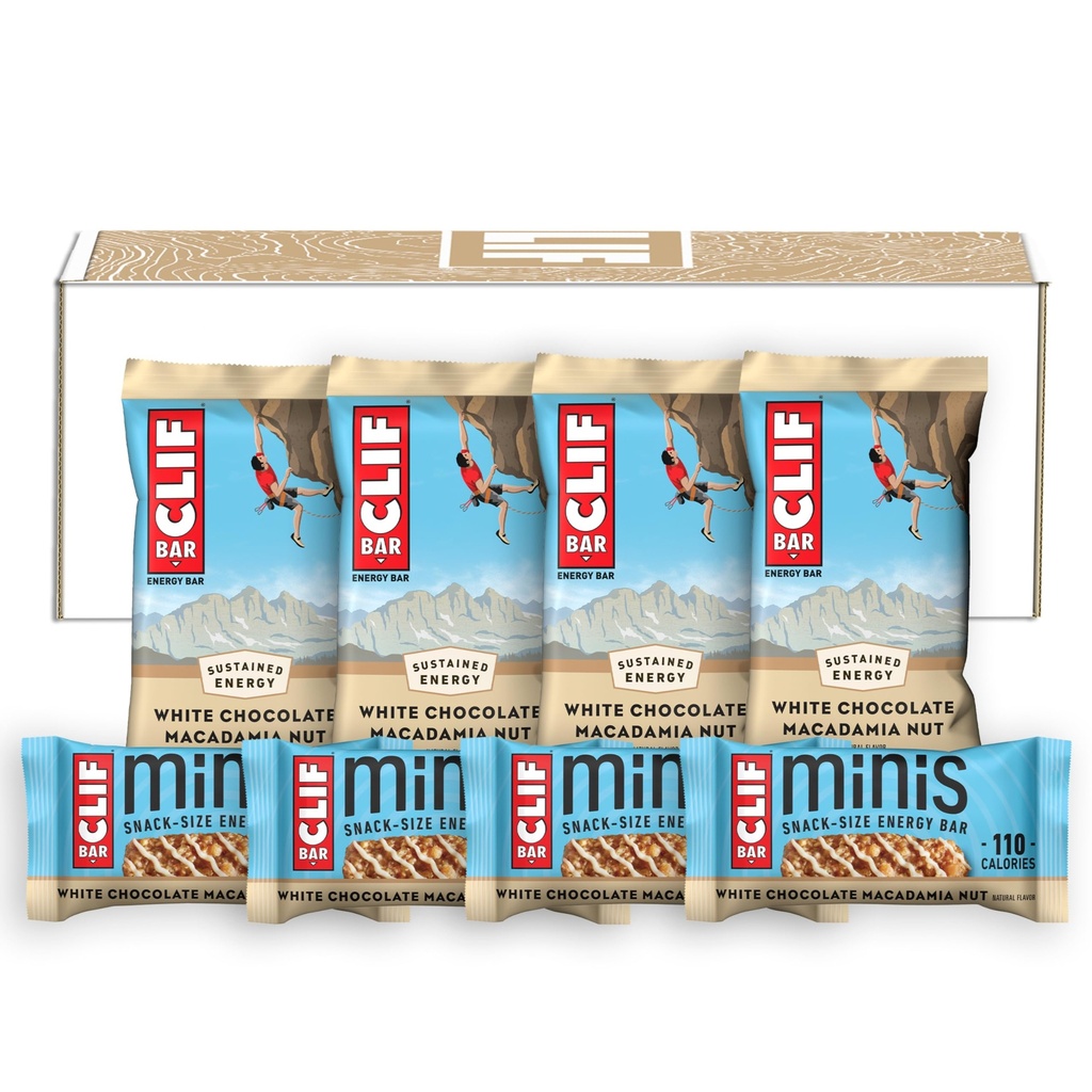 CLIF BAR - Bela čokolada Makadamija Nut Flavor - Polna velikost in mini energijske čokoladice - Izdelane z organskimi ovesi - Non-GMO - Rastlinska osnova - 2.4 oz. in 0,99 oz. (20 Count)