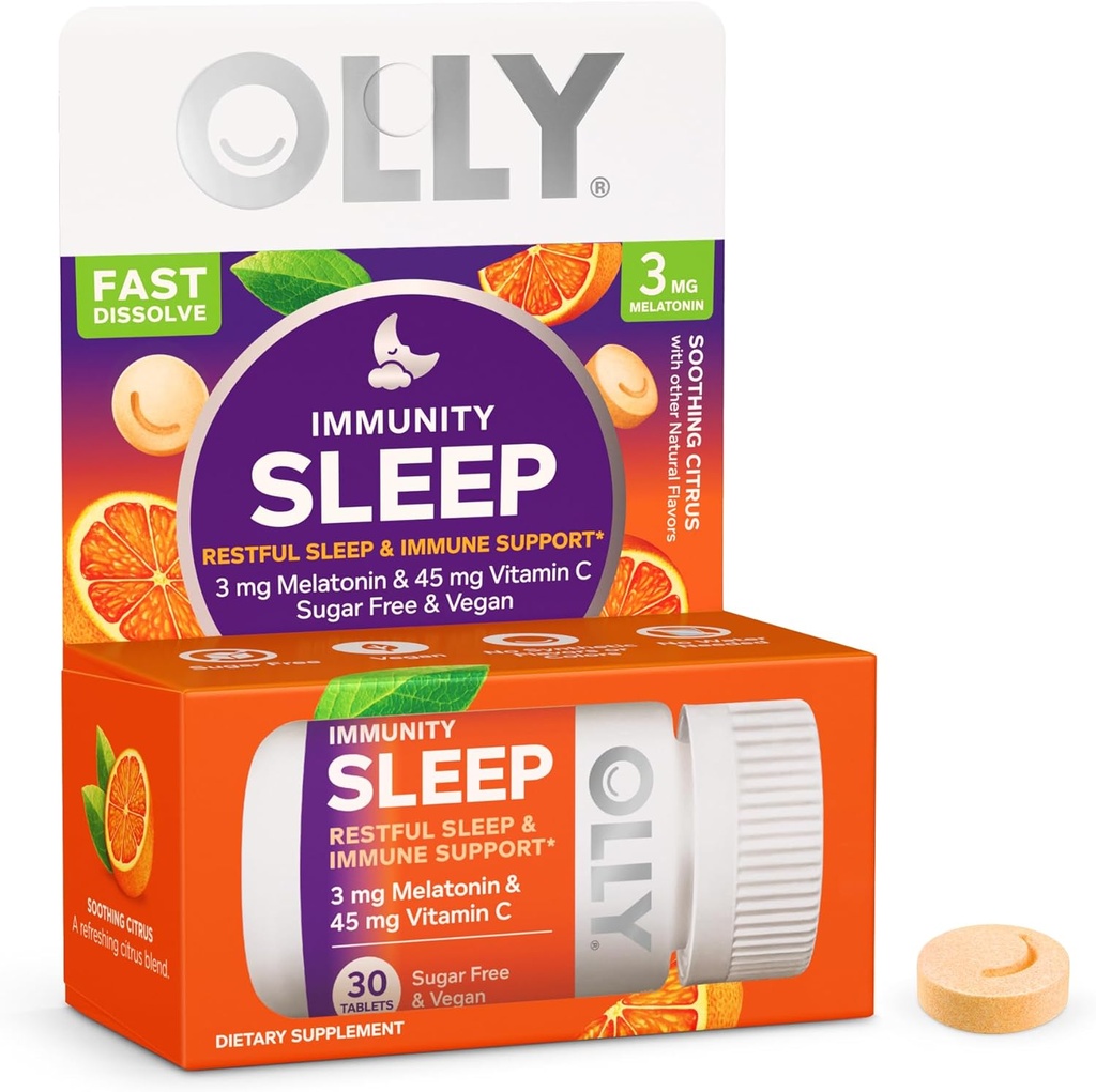 OLY Immuity Sleep Fast Dissolves, 3mg melatonin, Vitamin C, Citrus Flavor, 30 dan dobave - 30 Število
