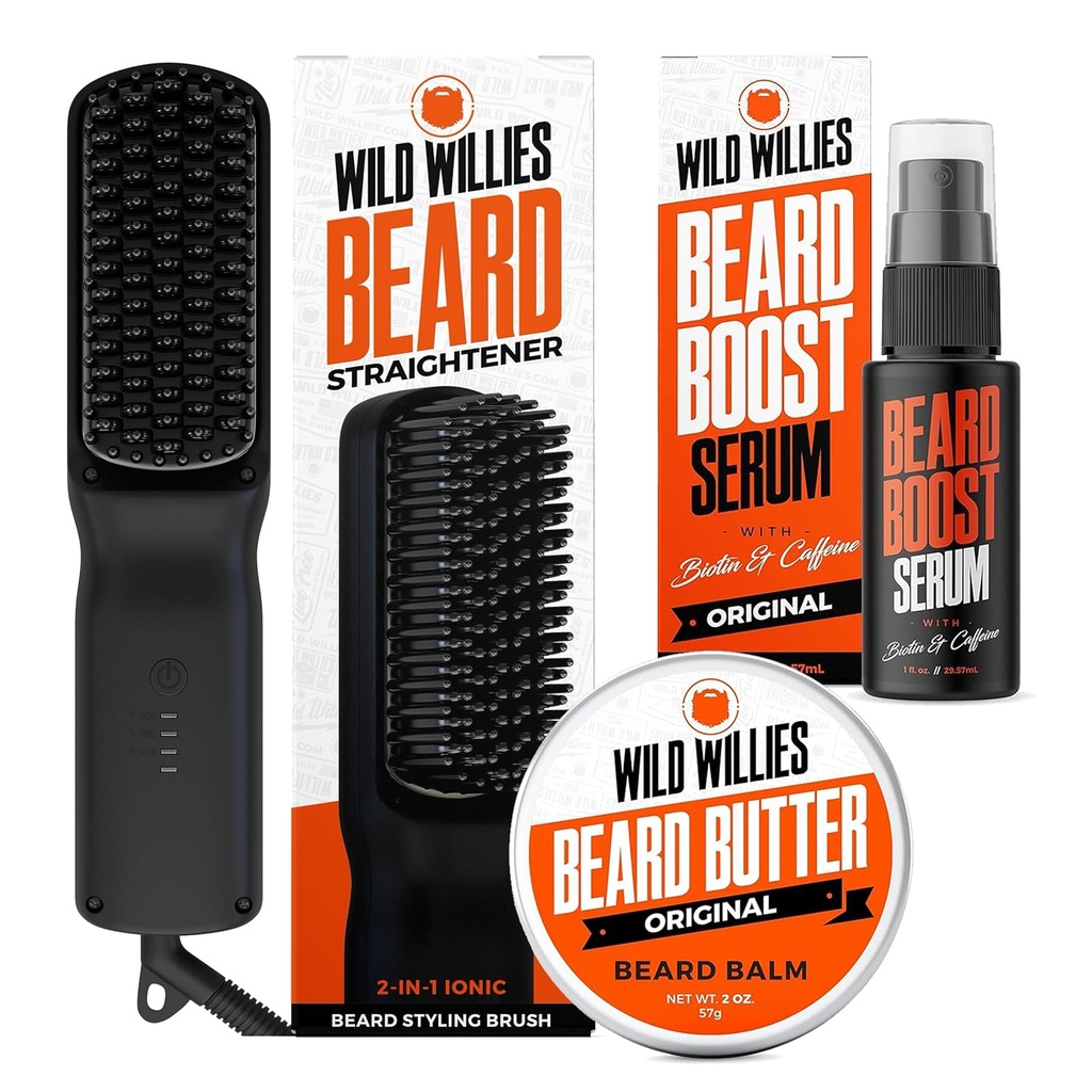 Komplet Wild Willies Beard Care: Heated Beard Ravnalnik za moške, Brada Maslo, & Brada rast Serum - Ultimate Grooming Tool Set, Brada Balm, Hydrating Serum, Hot Comb Beard Brush za vsakodnevno uporabo