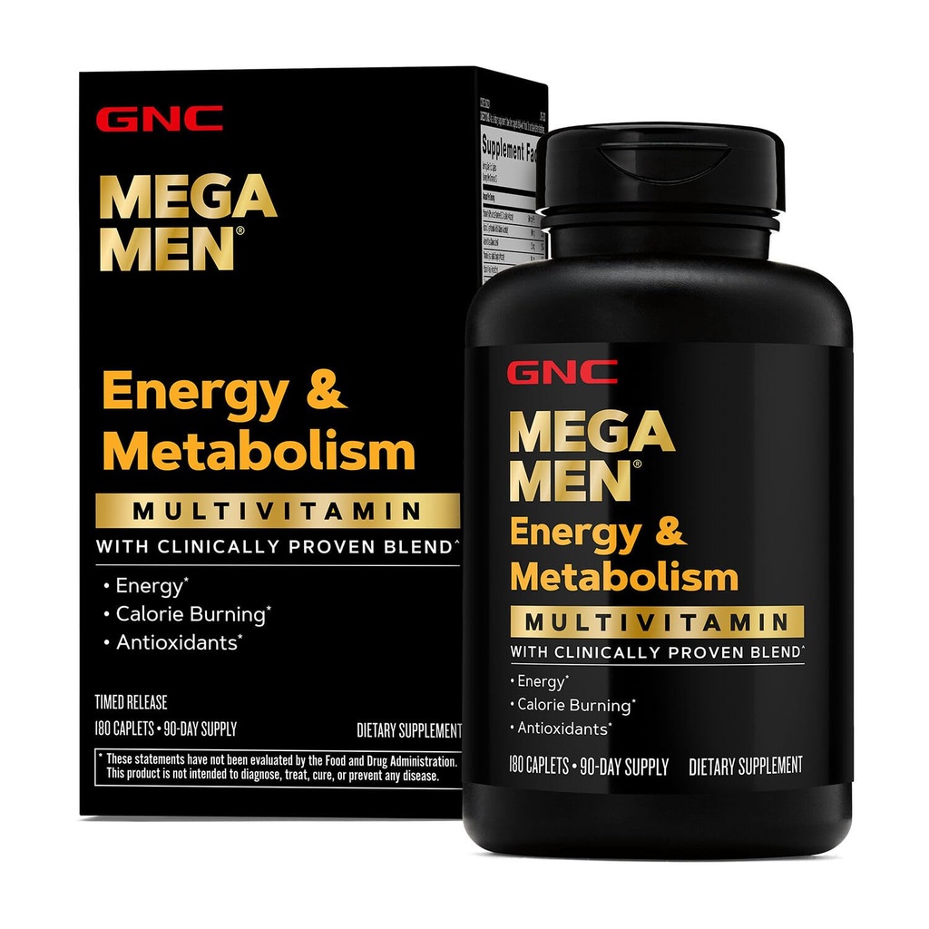 GNC Mega Men Energija in Presnova Multivitaminski Kapleti, Klinično dokazano, da se počutijo bolje, Calorie Burn, Focus, 100mg Kofein, Termogenik, Imuni, B Vitamini, Časovna sprostitev, 180 Štetje, 90 Dnevna dobava