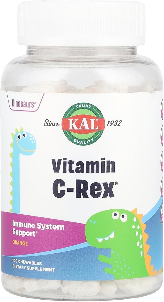 KAL C-Rex žvečljivi vitamin C za otroke, Imunska podpora dodatek z bioflavonoidi iz Rose HIPS, Rutin & Acerola, Okusna pomaranča, Fruktoza brezplačno, žvečljive tablete