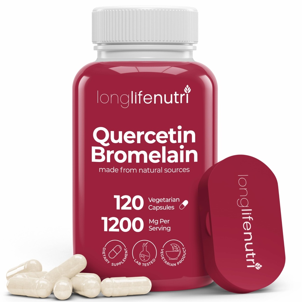 LongLife Nutri Quercetin 1000mg z Bromelain 200mg - 120 vegetarijanske kapsule, organski kompleks dihidrata za skupno mobilnost in dihalno ravnovesje, 2-mesečna oskrba, GMP Certified, Made in USA