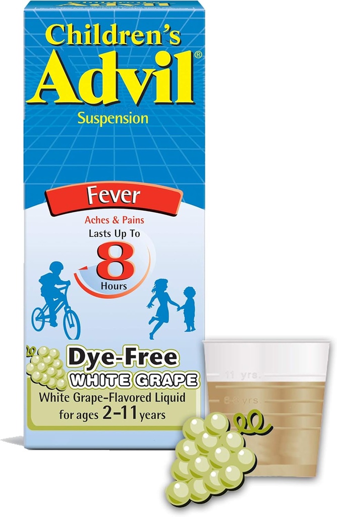 Otroški Advil Liquid Pain Relief Medicine and Fever Reducer, 100 Mg Otroški Ibuprofen za starosti 2-11, Belo grozdje - 4 Fl Oz
