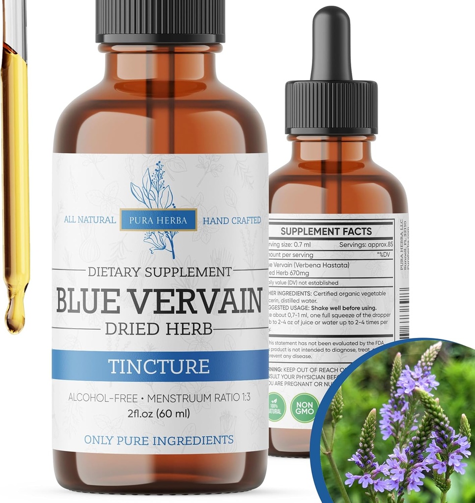 Blue Vervain Herb Organic, Blue Vervain Tinkture, Brez alkohola, Vegan - 2 Fl Oz