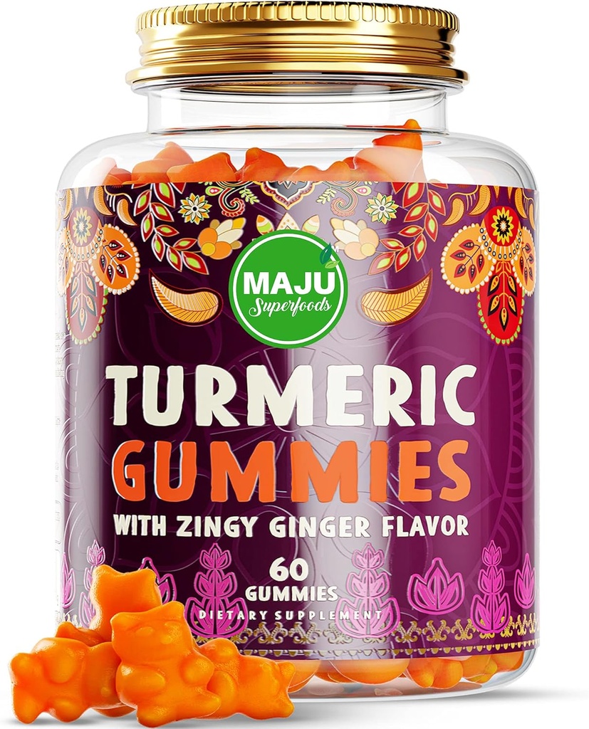 Maju Superfoods Kurkumin Gummies 60ct, Zingy ingver okus, izvleček črnega popra za izboljšano absorpcijo in moč, Kurkumi za odrasle in otroke