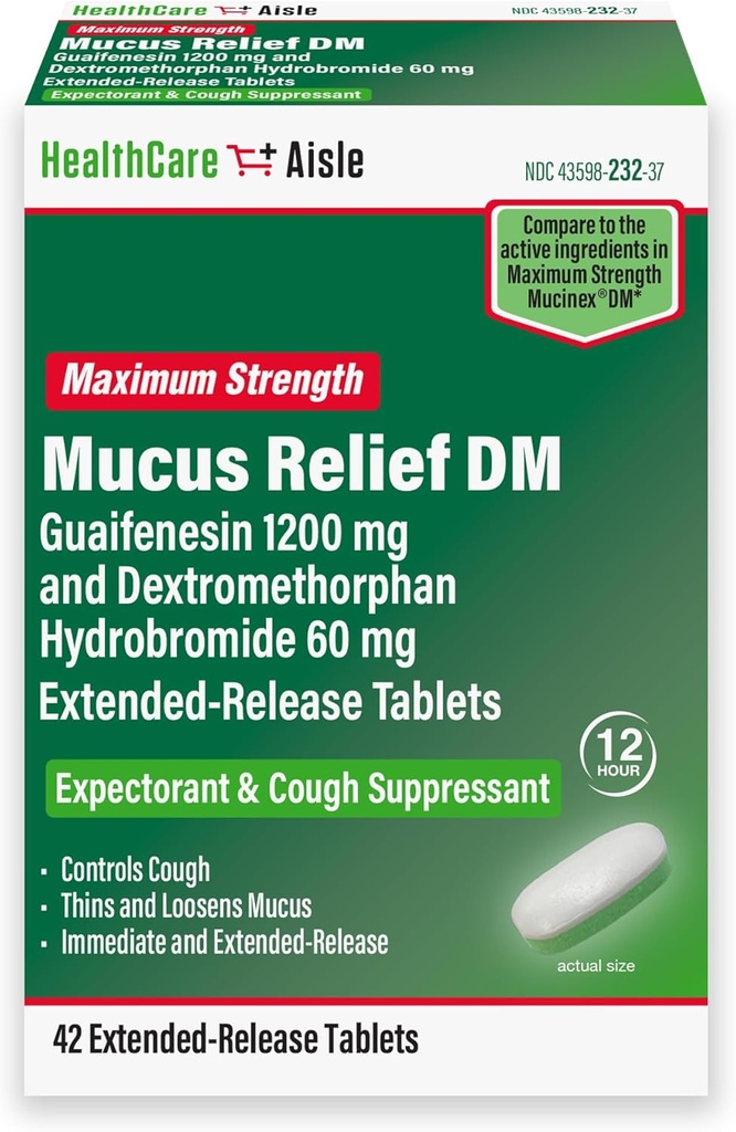 HealthCareAisle Guaifensin 1200 mg Dekstrometorfan Hidrobromid 60 mg razširjene tablete za sproščanje - 42 Count - Mucus Relief Expenditorant in Cough Supressant Formuliran za zdravljenje zastojev v prsih