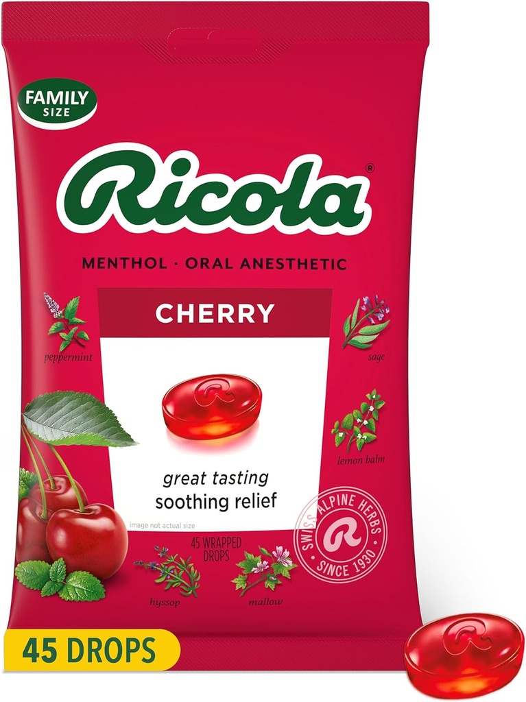 Ricola češnjevo grlo kapljice, 45 Število, Dnevne kapljice za okusno grlo osvežitev, ustni anestetik, naravno aromo