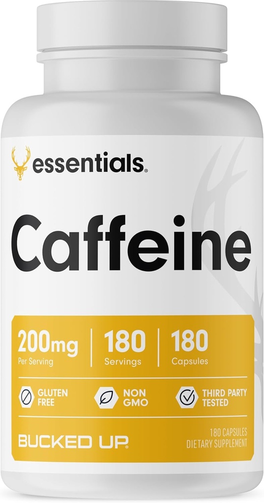 Pritrjeni kofein 200mg na postrežbo, esencialne (180 Služabnikov, 180 kapsul)