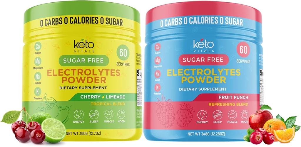 Keto Vitals Cherry Limeade Bundle s sadjem Punch - 2 Pack Bundle Keto Elektroliti Powder - Keto-prijateljski elektroliti s kalijem, magnezijem, natrijem, kalcij - Cherry Limeade & sadni Punch