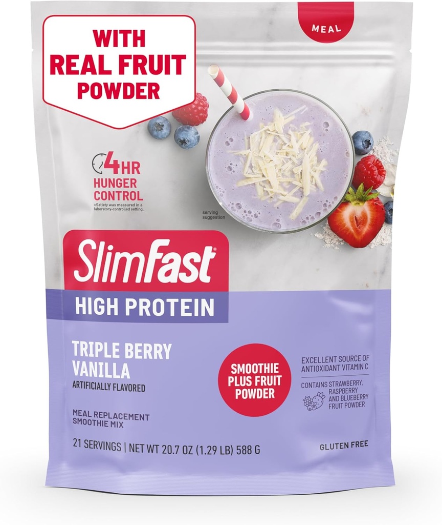 SlimFast High Protein Smoothie Mix Plus Sadni prašek, Visoko Beljakovinski obrok nadomestek v prahu, Fiber, Vitamin C, 21 Serving, 1,29 Pounds, Triple Berry Vanilla (Packaging May Vary)