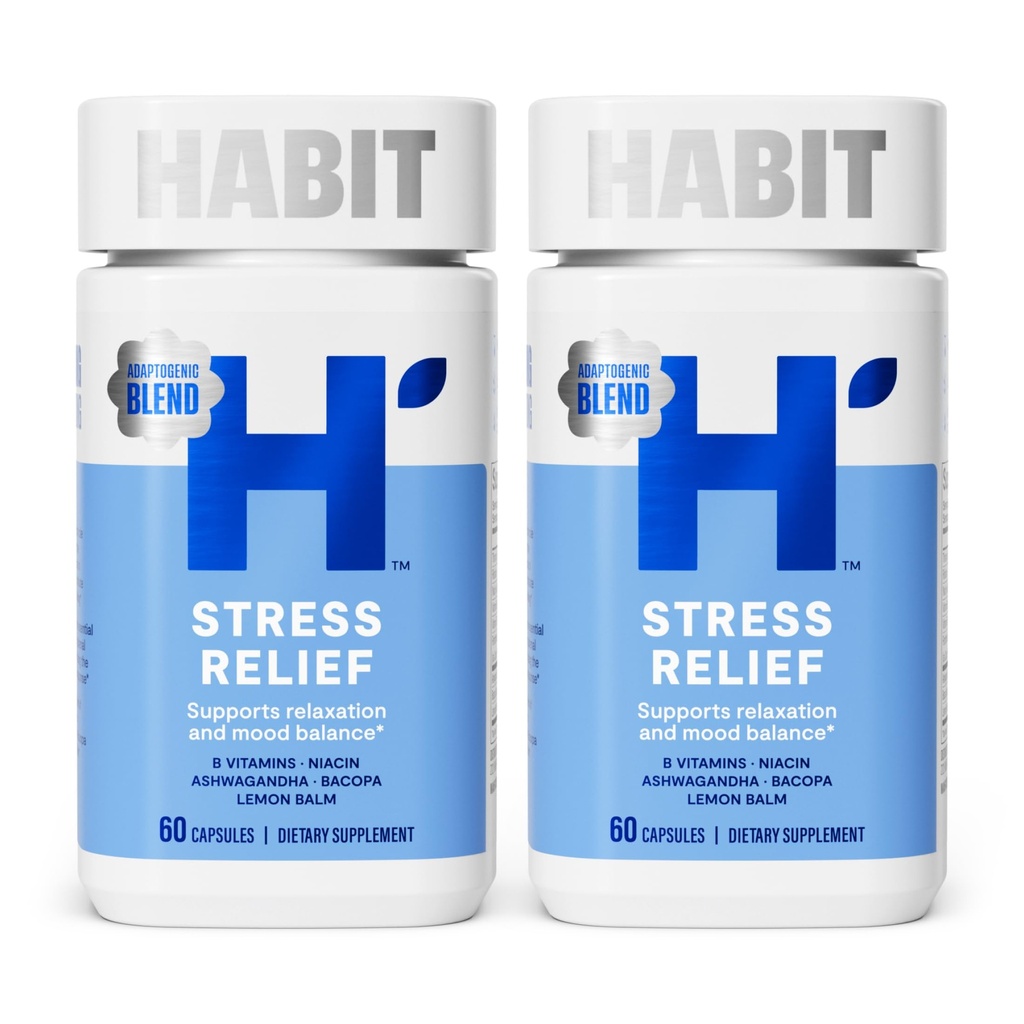Habit Stres Relief dodatek 2 Pakiranje (120 Kapsule) - Nov videz, Podpira Relaxation & Mood Balance, Vitamin B, Adaptogeni, Lemon Balm, Umirjanje, Vegan, Ne-GMO