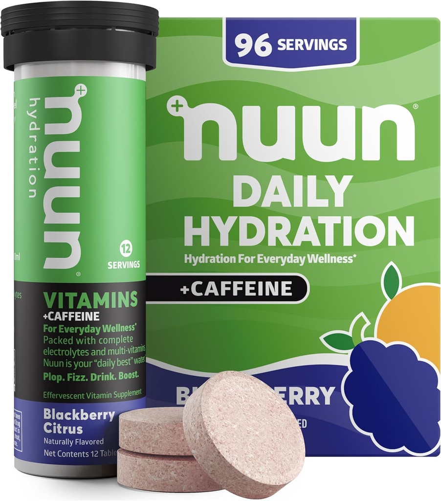 Nuun Vitamini + Kofein Elektrolitske tablete z vitaminom D, C, E, A, & B6, Folna kislina, Magnezij & 4 drugi Esencialni elektroliti, Gluten Free & Vegan, Blackberry Citrus, 8 Pack (96 Servings skupaj)