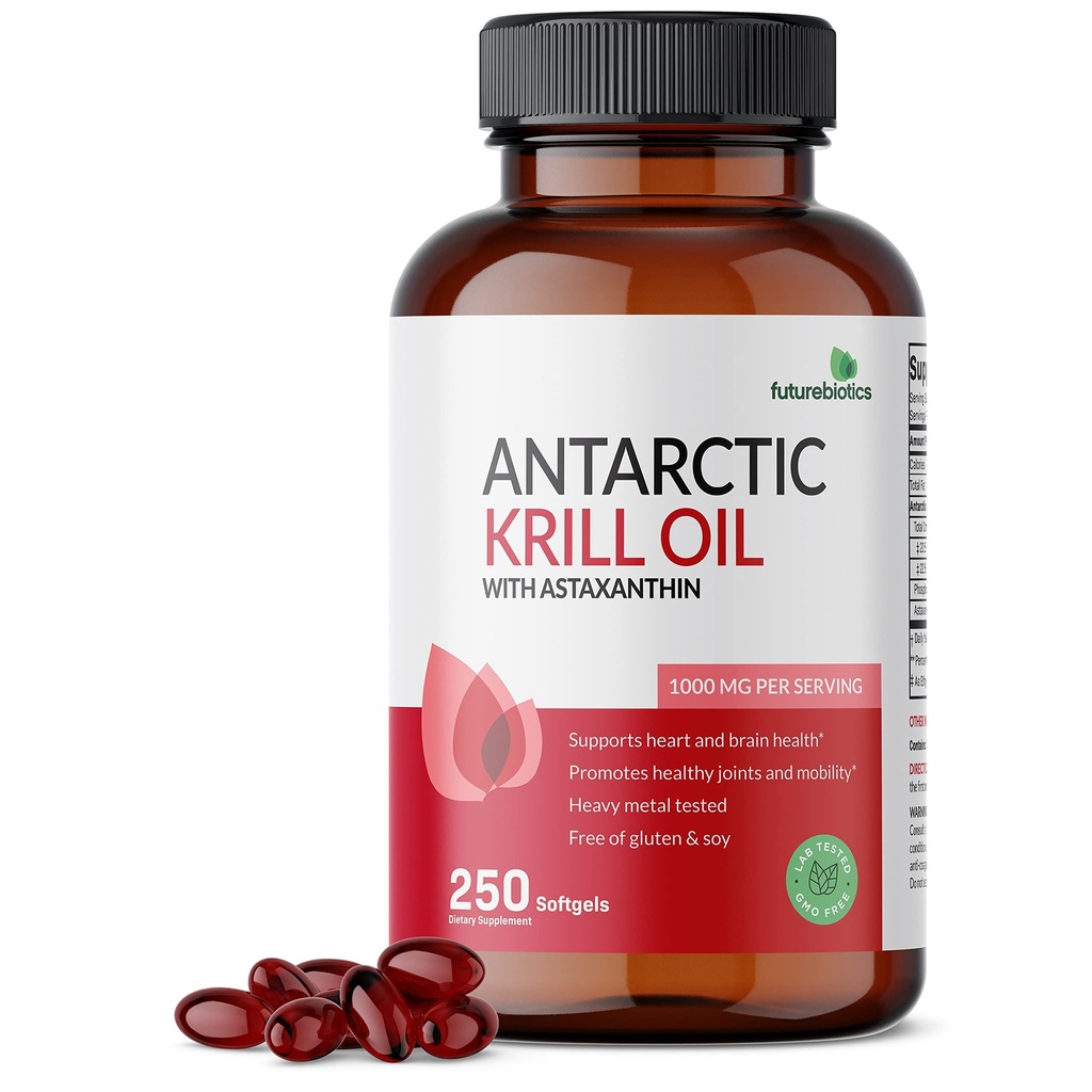 Futurebiotiki Antarktika Krill Oil 1000mg z Omega-3s EPA, DHA, Astaksantin in fosfolipidi - 100% Pure Premium Krill Oil Heavy Metal Tested, Non GSO – 250 Softgels (125 Servings)
