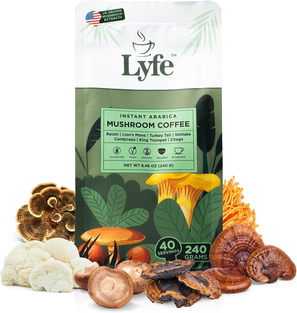 LYFE Organic Instant goba Coffee – Levja griva, Chaga, Cordyceps, Turčija Tail 