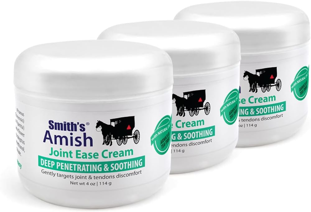 Smith's Amish JointEase Soothing Cream 3 Pack (Tri 4 oz Jars) z Arnico, Čajno drevo, Eucalyptus, Peppermint in Rosemary