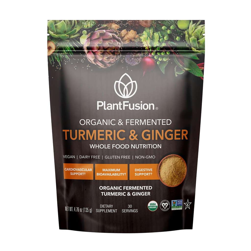 RastlinaFusion Kurkumi in ingver Drink Mix - Fermented Cela prehrana, zeliščni dodatek v prahu s kurkuminoidi - USDA Certified Organic, Non-GMO, Vegan, Gluten-free, 4.76 oz 30 Servinges