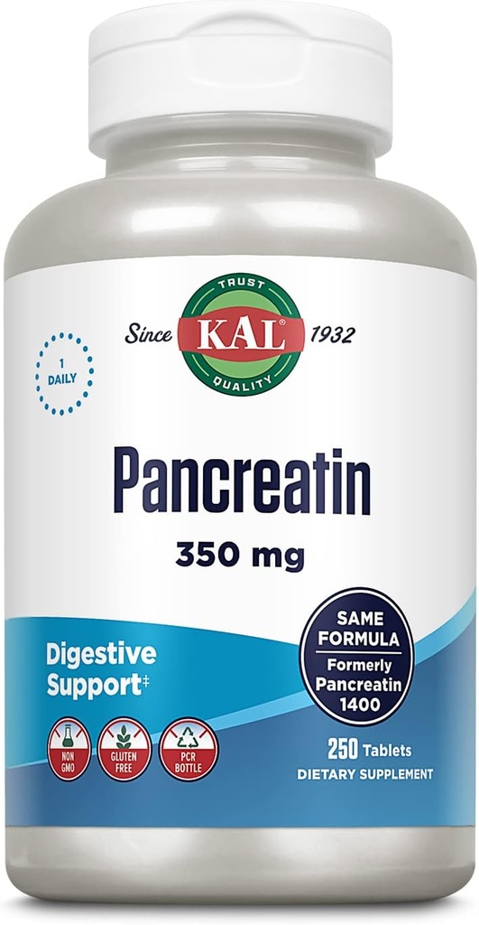 KAL Pancreatin 350mg, Prebavne encime za ženske in moške, encimi trebušne slinavke za prebavne zdravstvene podpore, Gluten brezplačno, Non-GMO, Hitra disintegracija, 60-dnevna garancija, 250 Serving, 250 tablet