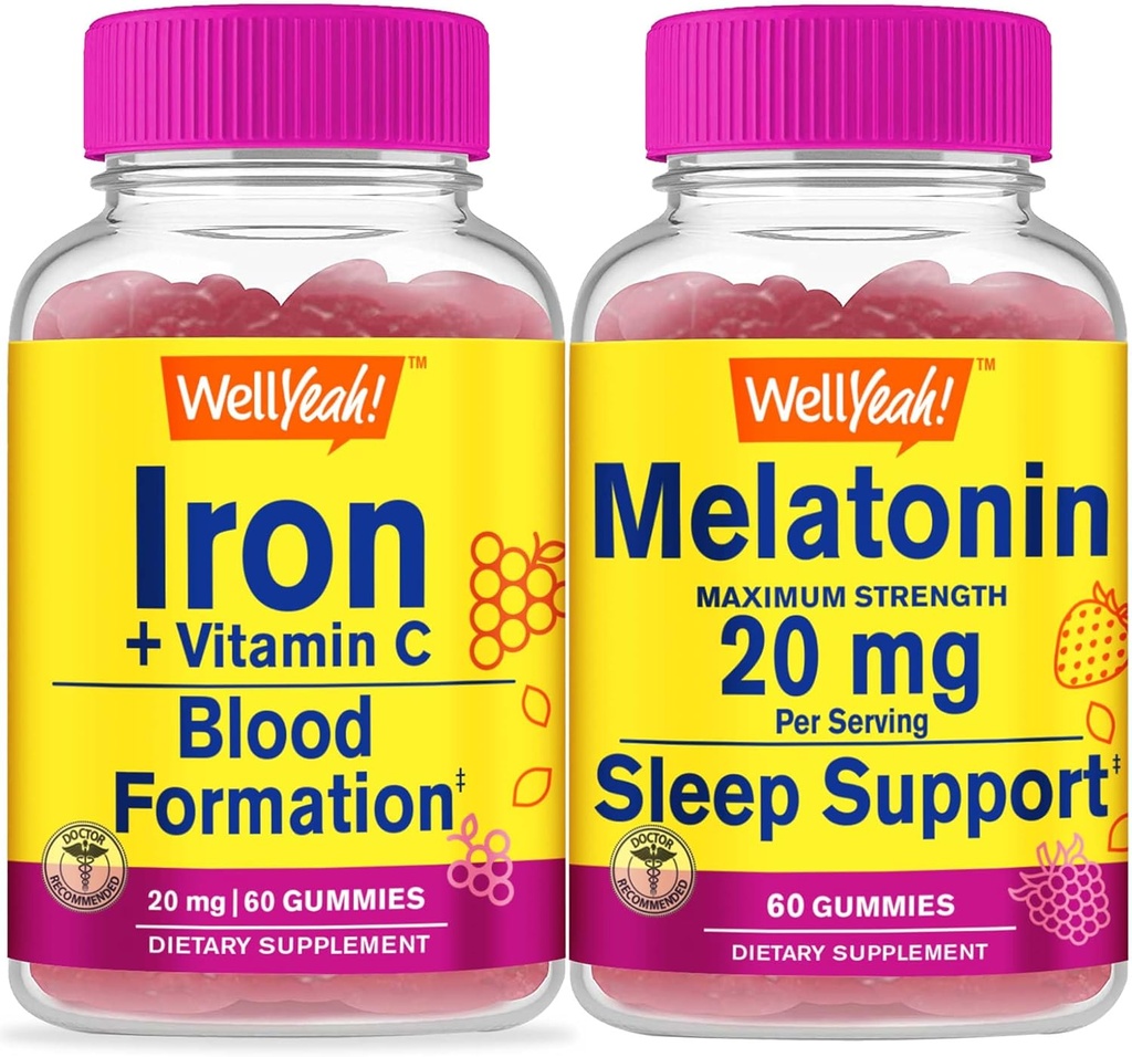 WellYeah Iron+Vitamin C + Melatonin 20mg, Gummies Bundle - odlično degustacijo, vitaminski dodatek, Gluten brezplačno, GSO brezplačno, žvečljivi gumi