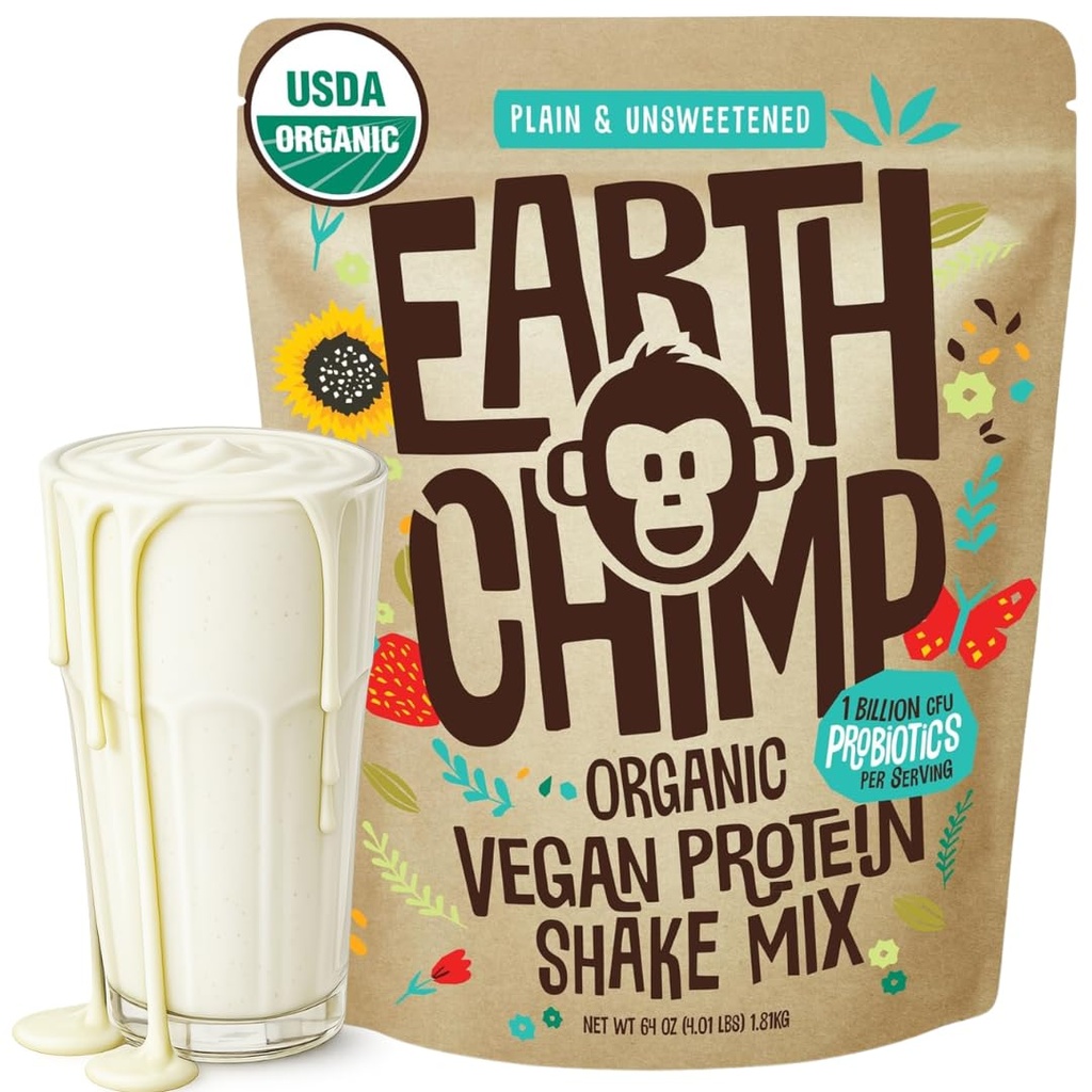 EarthChimp Organic Vegan Protein Powder - brez GSO, brez mleka, brez sirotke, na rastlinski osnovi Protein Powder za ženske in moške, Gluten Free - 52 Servings, 64 Oz (Plain & Nesladkan)