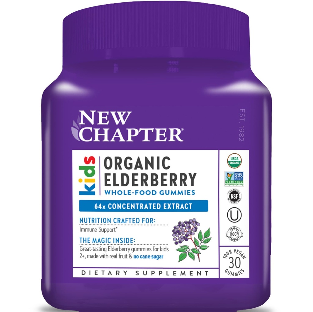 Novo poglavje Elderberry Gumies za otroke 2+, USDA Organic,64x Koncentrirana Čista Bederberry za imuno podporo, Great Degusting Cela hrana Gumies, Vegan & Non-GMO, 30 ct