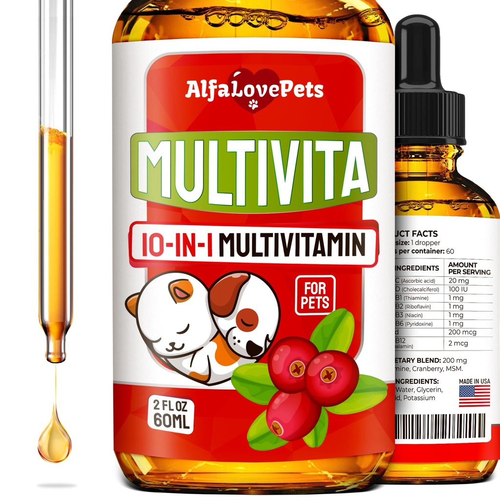Tekoči multivitaminski pripravki za pse – mačji multivitaminski pripravki za notranje mačke – 10-v-1 tekoči pasji vitamini B kompleks, C, D3 – digestija, uriniranje, hip in sklep, koža in plašč – brusnična aroma – 2 Oz