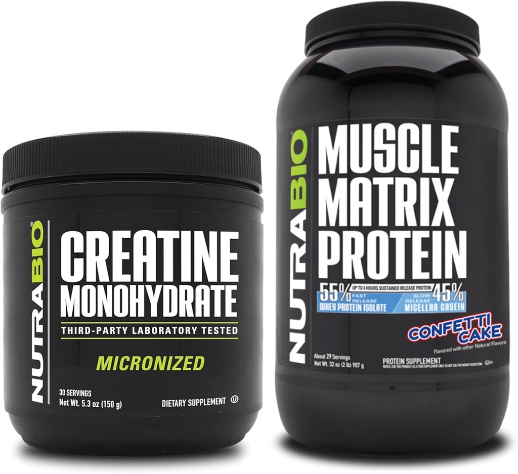 NutraBio Kreatin Monohidrat, nearomaden, (150 g) in Muscle Matrix Protein Powder, (Confetti Cake) dodatek paket – mišična energija, največja rast, regeneracija, in moč
