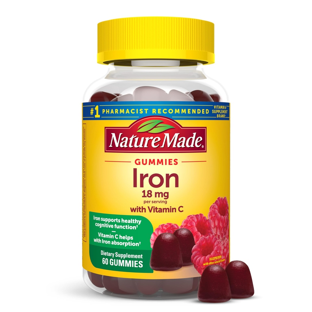 Narava Made Iron 18 mg na odmerek z vitaminom C, prehranska dopolnila za podporo rdečih krvnih celic, 60 Gummies, 30 dnevna dobava