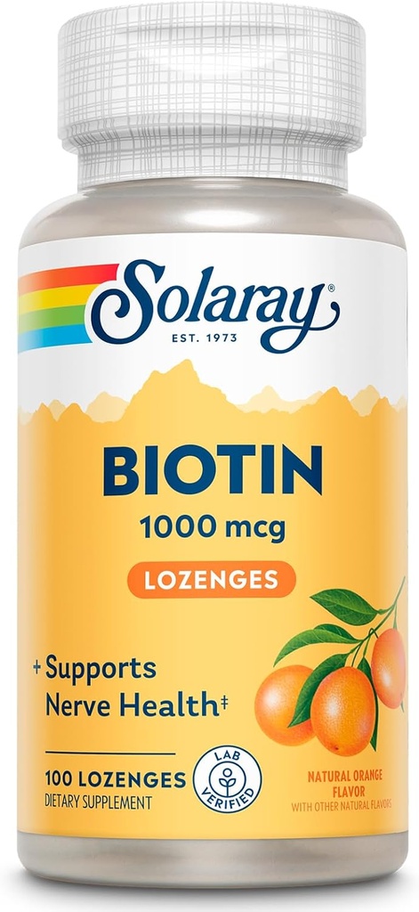 SOLARAY Biotin 1000mcg Lozenges - Biotin dodatek z vitaminom A - Živčna funkcija in celična energijska podpora - Natural Orange Juice aroma, Great Okus, 60-dnevni garancija, 100 Serving, 100 Lozenges