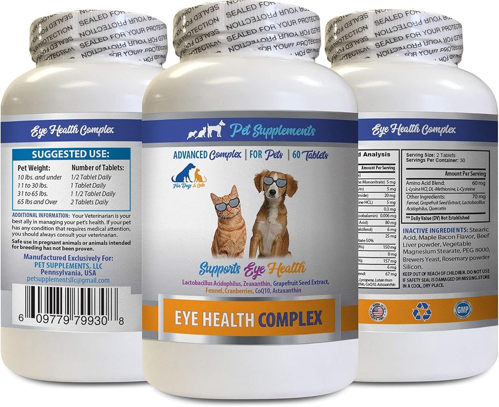 Dog Eye Vitamini - PET Eye Health Complex - Psi in mačke - Podpira očesni vid - astaksantin za pse, očesni vid dodatek za pse in mačke, zdravje oči Vitamini Lutein in zeaksantin 1Bot 60Tabs