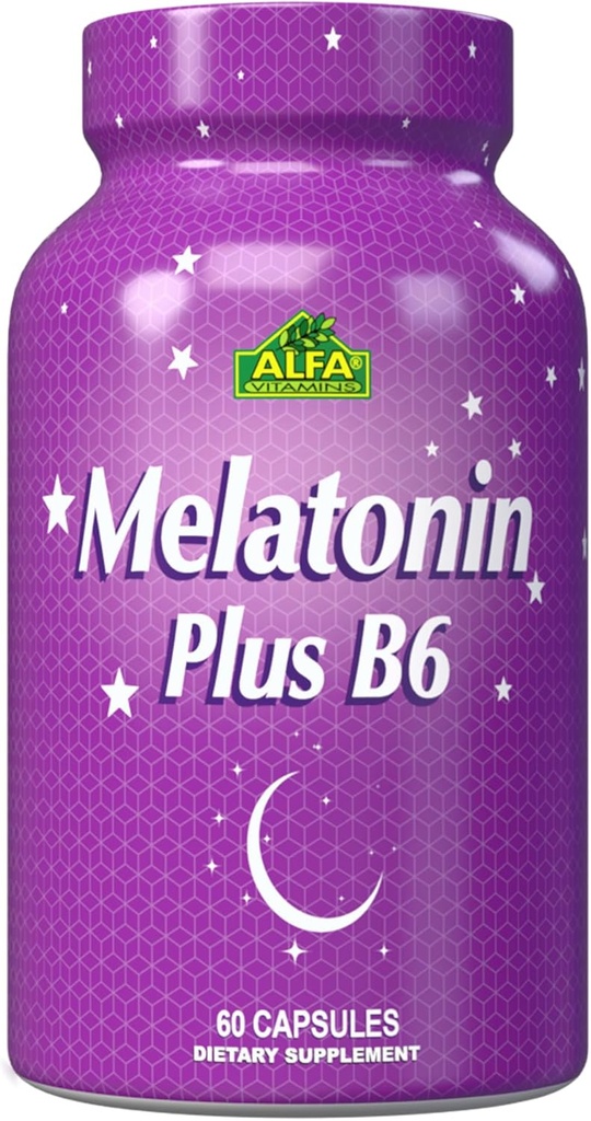 ALFA VITAMINS Melatonin Plus B-6 dodatek s 5MG regulatorjem cikla spanja - kardiovaskularno zdravje - imunski sistem - 60 kapsul