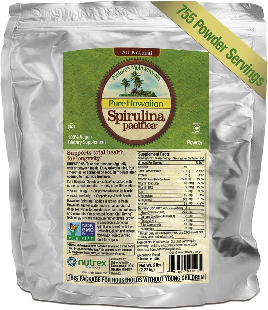 Pure Havajski Spirulina Powder 5 lb Bulk Bag – Povečuje energijo in podporo Imuniteta – Vegan, Non GSO – Naravna Superfood raste na Havajih
