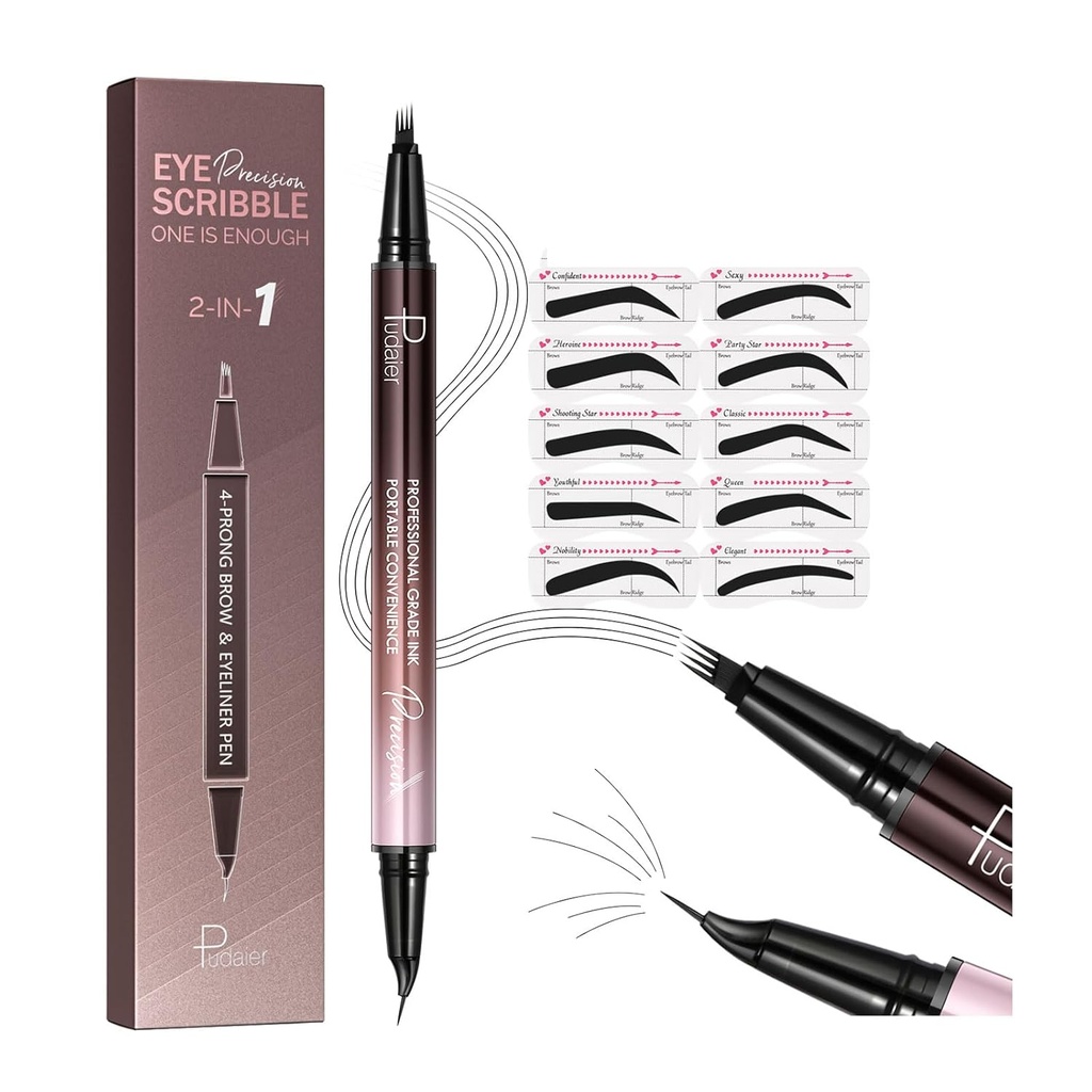 2-v-1 Curved Eyebrow Pen in Eyeliner z 10Pcs Brow Stencils, Microblading Eyebrow Pencil s 4 vilicami in Curved Natančni nasvet, vodoodporne in dolgotrajne oči svinčniki za ženske, mehko črno