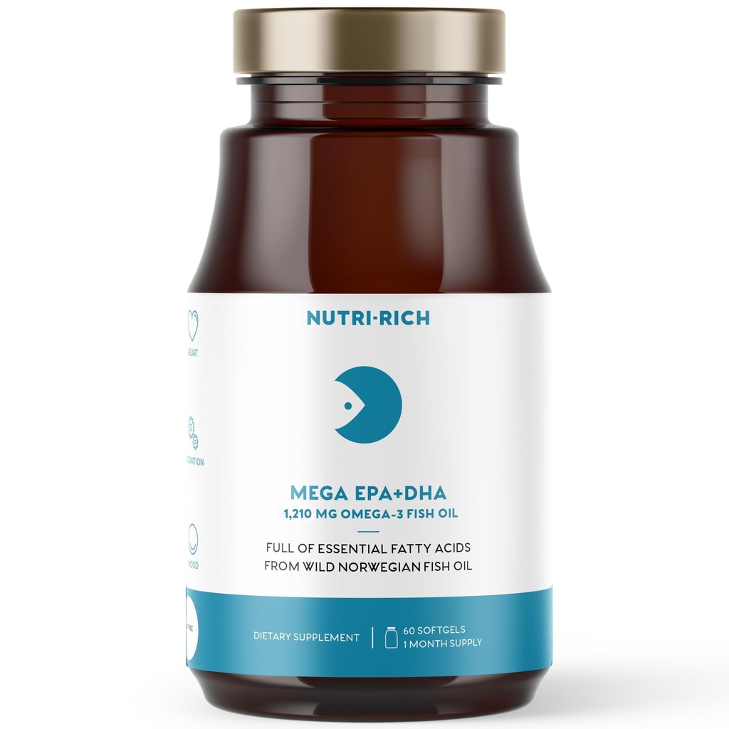 Nutri-Rich Omega-3 ribje olje 1210mg – EPA & DHA za srce, možgane in skupno zdravje – Burp-free, limonina aroma, Gluten & Soy Free, tretje-party Tested (60 Softgels)