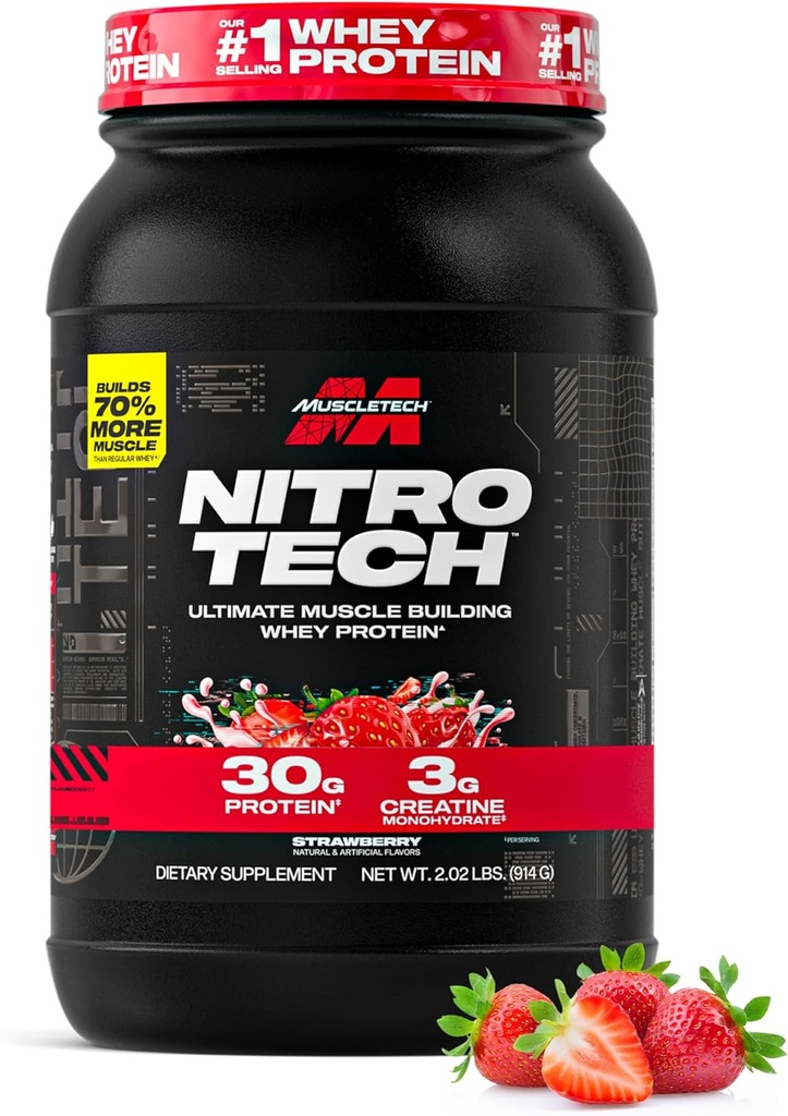 Muscletech Whey Protein Powder (Strawberry, 2.2 Pound) - Nitro-Tech Ultimate Muscle Building Formula z izolatom sirotkinih beljakovin - 30g beljakovin, 3g kreatina in 6,8g BCAA - pakiranje maj Vary