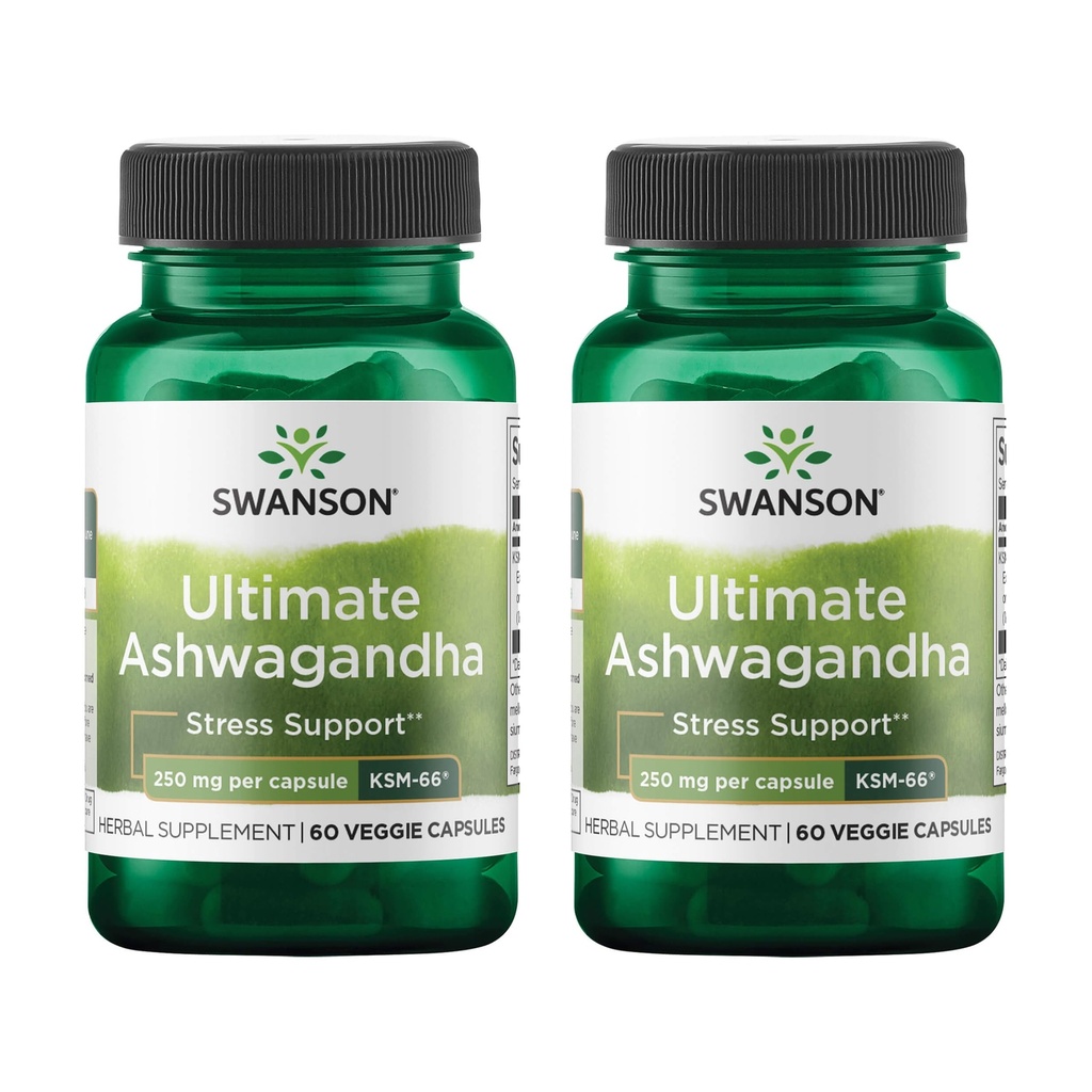 Swanson Ultimate Ashwagandha KSM-66 - Zeliščni dodatek, ki podpira zdrave ravni stresa in sprostitve - naravna formula za spodbujanje umirjenega in sproščenega uma - (60 Veggie kapsule, 250mg vsak) (2 paket)