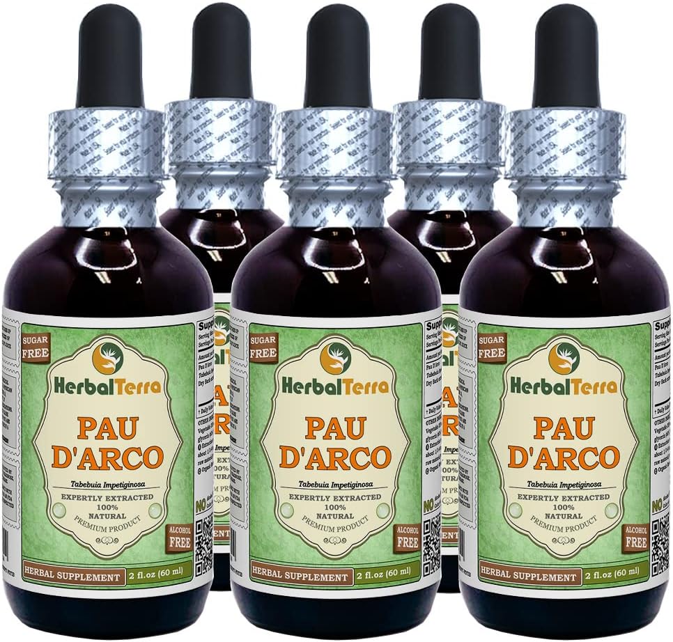 PAU d'arco (Tabebuia Impetiginosa) Glicerit, posušen tekoči ekstrakt brez alkohola (Brand Name: HerbalTerra, Proudly Made in USA) 5x2 fl.oz (5x60 ml)