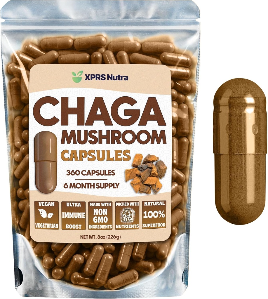 XPRS Nutra Chaga gobe Kapsule - Premium USDA Chaga gobe Kapsule- Inkapsulirane Chaga gobe Powder za povečanje imunitete - Vegansko prijazno Superfood za Chaga čaj in pijače - 360 Count
