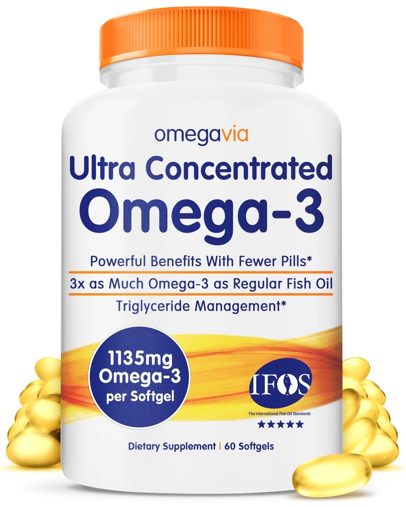 OmegaVia Ultra Koncentrirana Omega 3 Ribje olje Burpless, 60 Mehkužci, Trojna moč Omega 3 ribje olje dopolnila, 1135 mg Pure Omega3, Brez ribjih ogorkov, visoko EPA DHA DPA, IFOS 5-Star