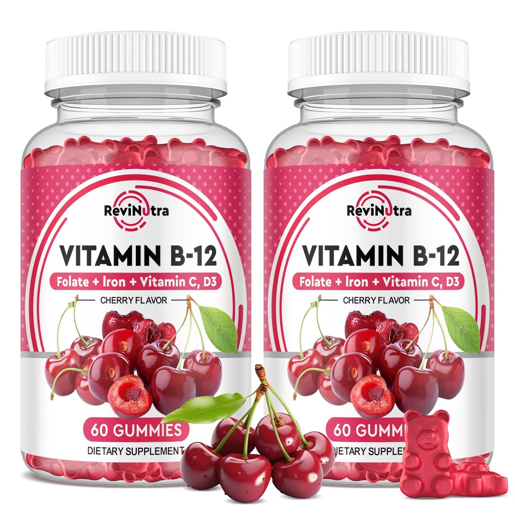 Vitamin B12 Gumies - 5000 mcg Metilkobalamin z železom, vitamin C, D3 & Folat, energijska podpora in presnova, Imunski, B-12 kompleksni žvečljivi dodatek za moške in ženske, 120 Count, 2 paket