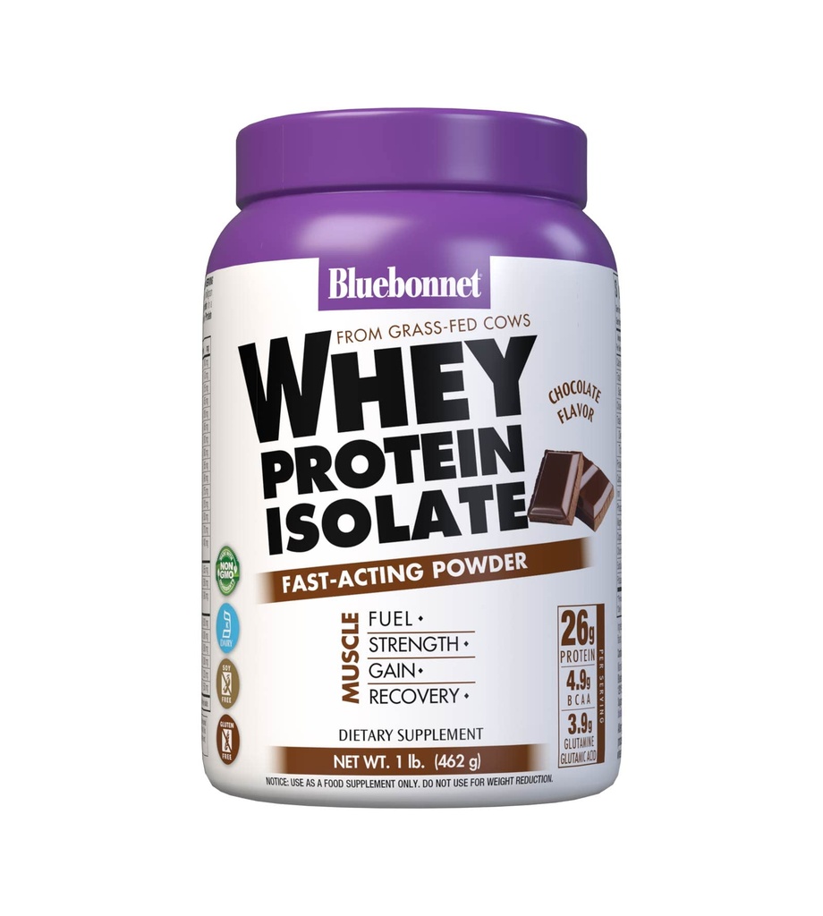 Bluebonnet Nutrition Whey Protein Isolate Powder, Whey from Grass Fed Cows, 26g beljakovin, brez sladkorja, brez glutena, brez soje, kosher Mlekarna, 1 Lb, 14 Serving, čokoladna aroma